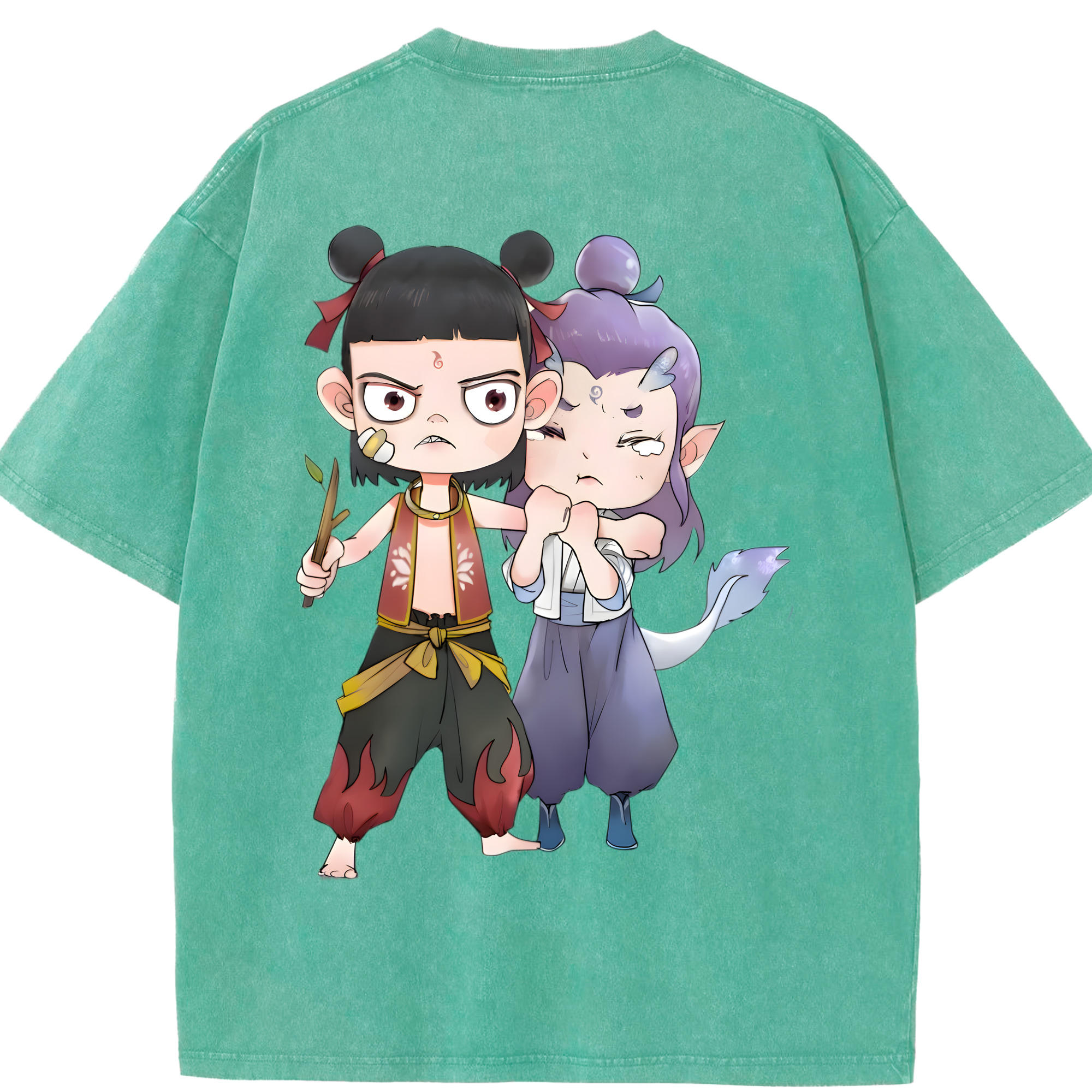 （画像用） Ne Zha 2 ナタ 魔童の大暴れ 綿100% ヴィンテージ風 半袖Tシャツ（背面プリント）